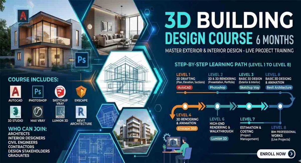 Professional 3D Building Design Course 6months banner showing 8 levels of training from 2D drafting to BIM Revit and 3Ds Max rendering.