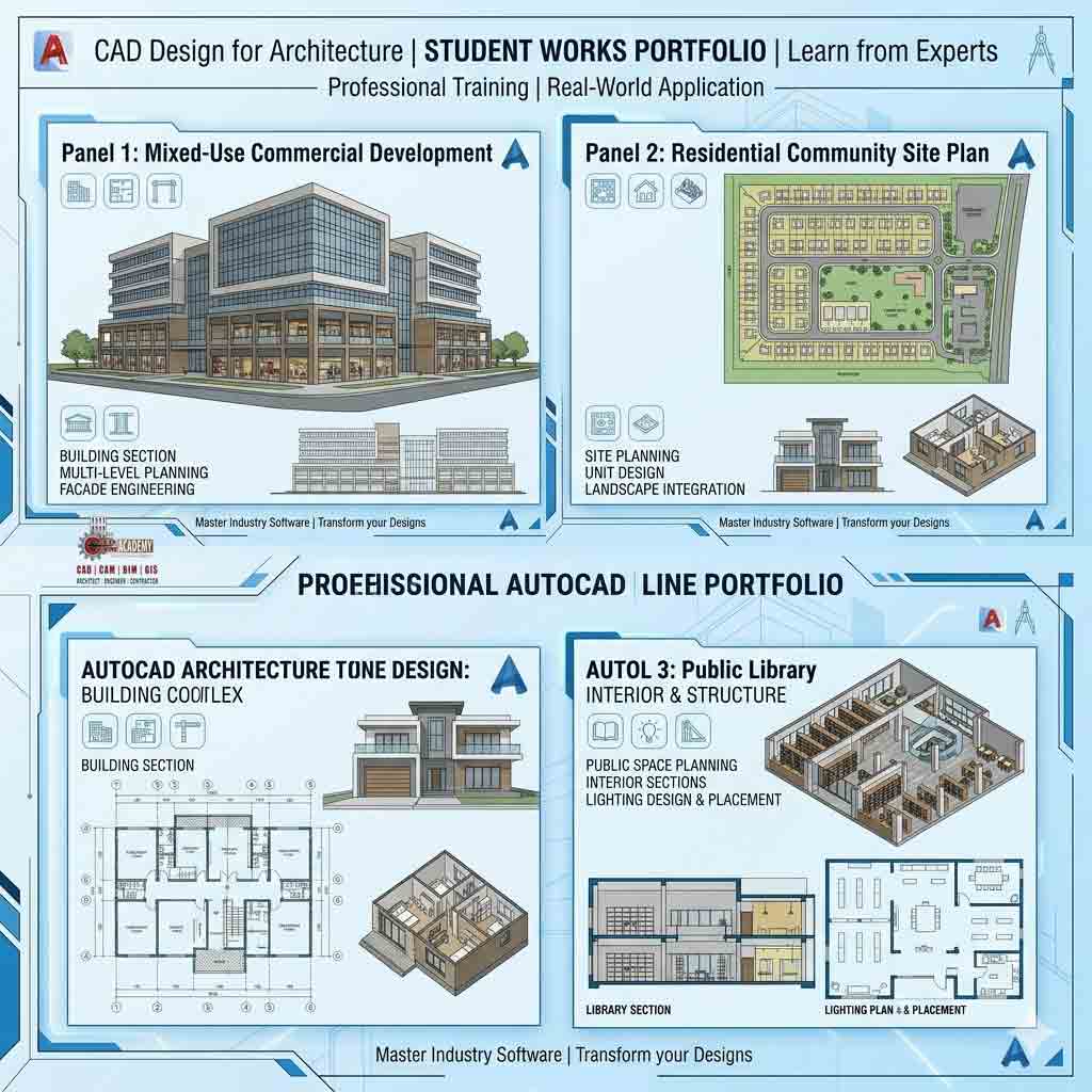 A technical AutoCAD drawing set featuring a retail store layout, a boutique hotel lobby plan, and a 3D bathroom suite detail with material swatches.