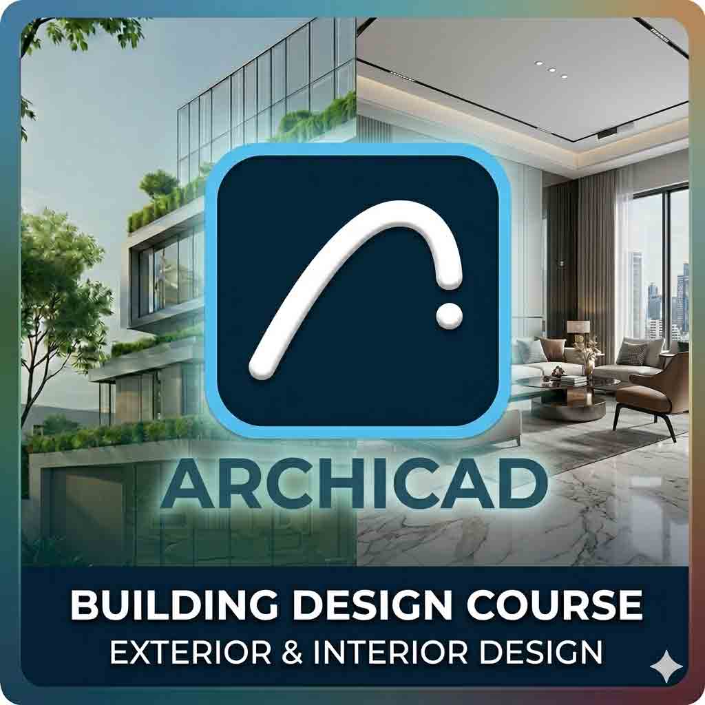 rofessional ArchiCAD software logo displayed over a split-screen background showing a modern glass building exterior and a luxury marble interior design.