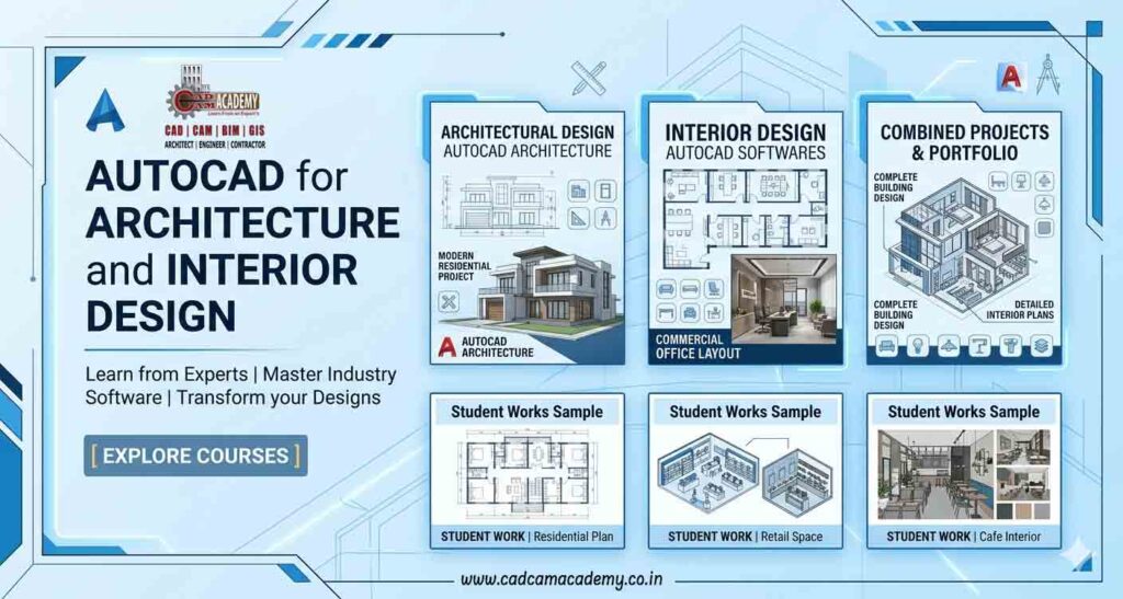 Building Design AutoCAD Course | A professional blue and white website banner for an AutoCAD for Architecture and Interior Design featuring architectural house elevations, commercial office floor plans, and 3D interior renders with a "Learn from Experts" tagline.