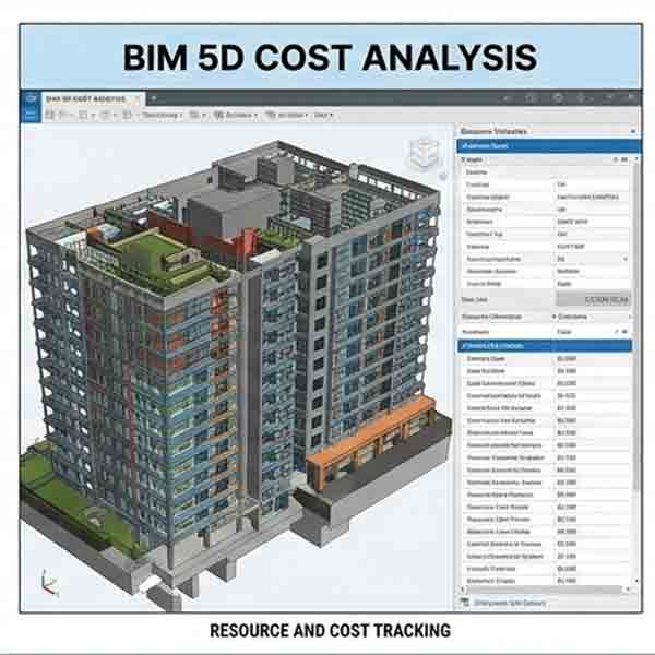 A 3D building information model (BIM) showing integrated 5D cost estimation and resource data tables.