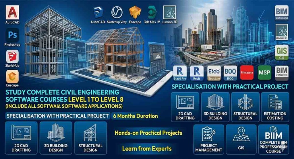 Civil Engineering Professional 6months course banner featuring 3D building models, BIM software icons like Revit and AutoCAD, and text for a 6-month professional training program.