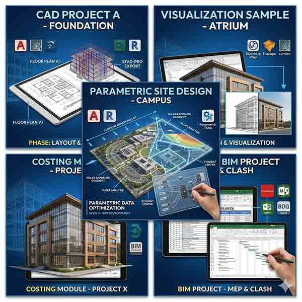 A 3D structural building frame on a digital tablet next to 2D AutoCAD floor plans and a concrete foundation model.