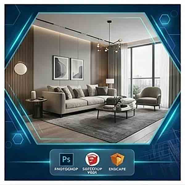High-end interior design visualization of a modern living room featuring sleek furniture and soft ambient lighting, designed in 3Ds Max.