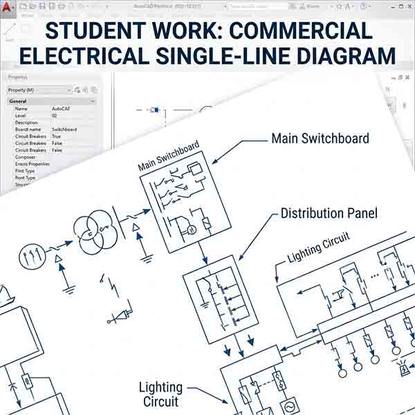A technical schematic (600x600 pixels) titled 'STUDENT WORK: COMMERCIAL ELECTRICAL SINGLE-LINE DIAGRAM'. It shows sharp blue lines connecting various electrical symbols, including a 'Main Switchboard', 'Distribution Panel', and 'Lighting Circuit', indicating power flow. An AutoCAD Electrical interface border is subtly visible.