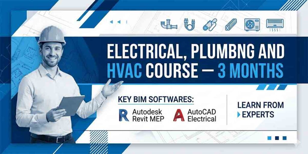 A professional blue and white website banner (1200x600 pixels) for a three-month course. It features a smiling professional with a hard hat, text reading 'Electrical Plumbing and HVAC Design Course – 3 MONTHS', logos for Autodesk Revit MEP and AutoCAD Electrical, and the tagline 'LEARN FROM EXPERTS'.