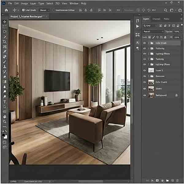 Photoshop workspace showing a 3D living room render being edited for color adjustment and lighting enhancements.