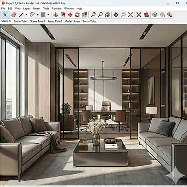 High-quality 3D interior design render of a modern living room and office space created using SketchUp and Vray.