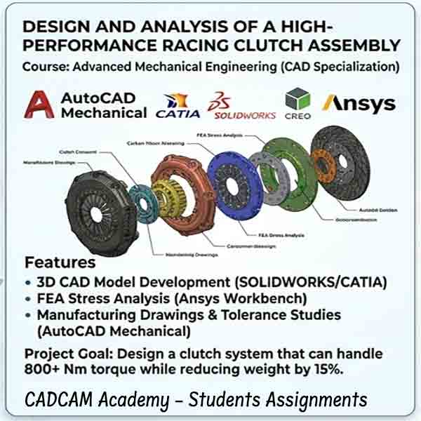 Infographic showing three mechanical engineering projects: a 3D clutch assembly analysis, a robotic gripper simulation, and a Revit MEP building coordination model with detailed technical descriptions.