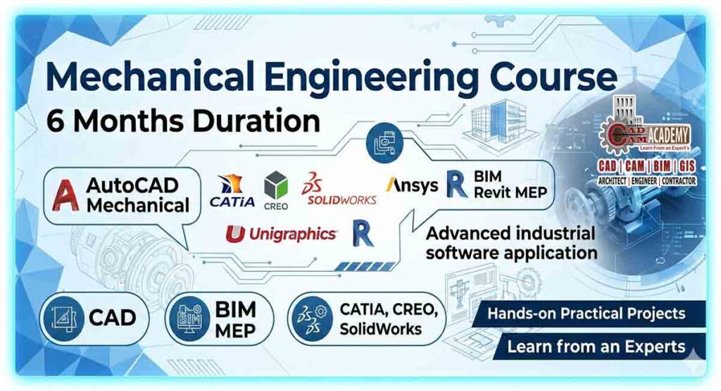 Professional web banner for a Mechanical Engineering Course 6months featuring AutoCAD Mechanical, BIM Revit MEP, CATIA, and SolidWorks software logos with technical 3D gear illustrations.