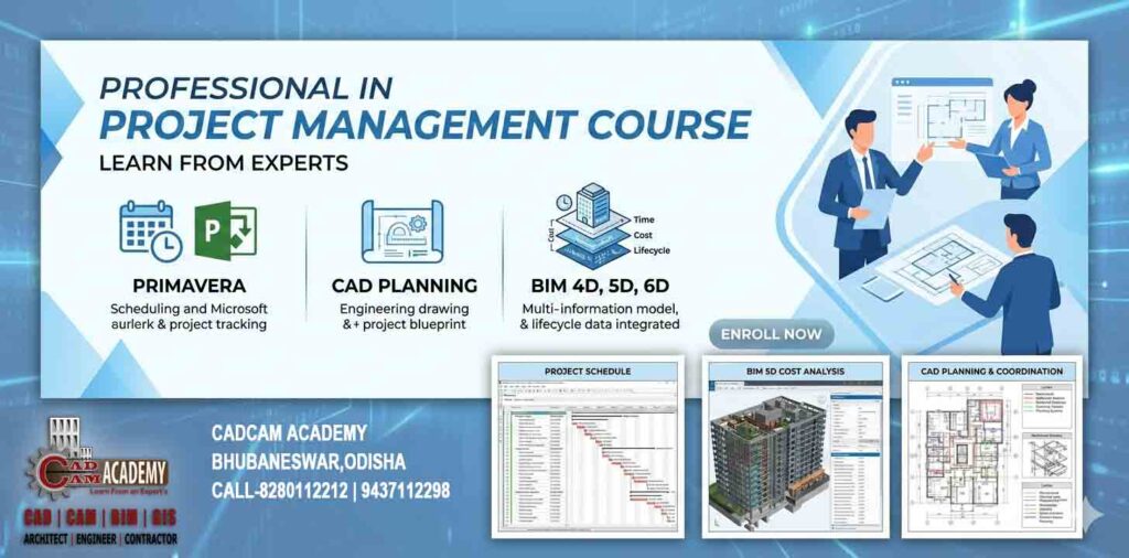 Project Management Course PPM banner featuring Primavera, MS Project, CAD Planning, and BIM 4D 5D 6D on a modern blue and white background.