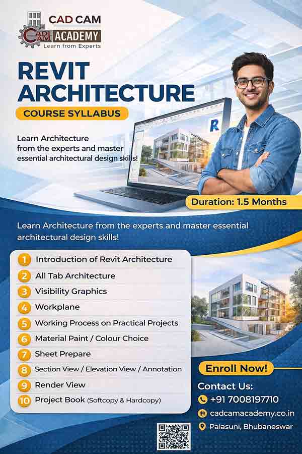 A 3D architectural render of a modern office building created in Revit Architecture, showing detailed floor plans, facades, and Revit software interface icons.