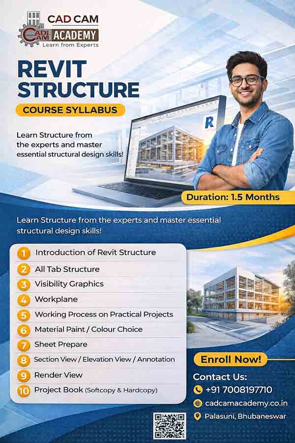 A structural BIM model showing a building's steel framework, rebar detailing, and concrete foundations developed using Revit Structure software.