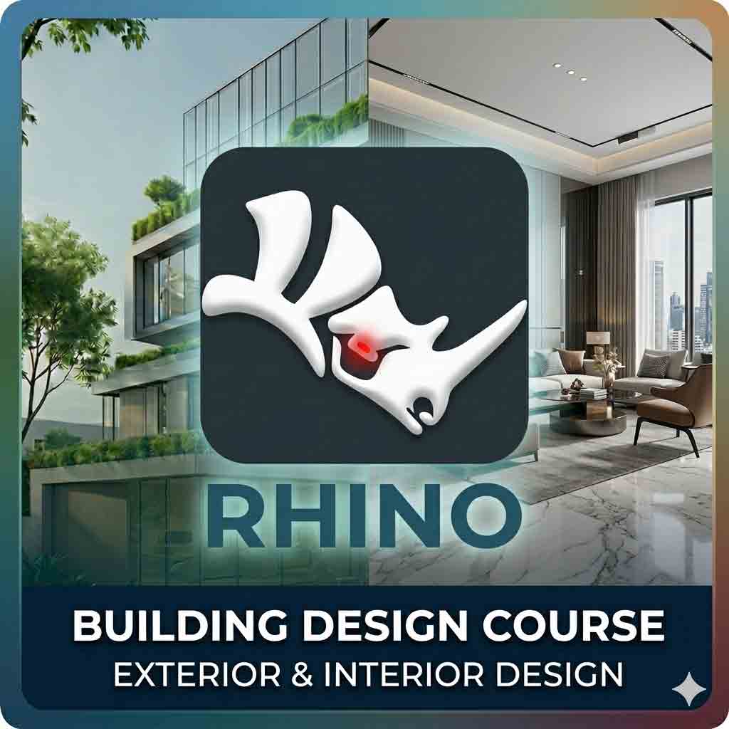 A 400x400 promo image for a Rhino 3D course, with the central logo and split background of a modern building exterior and a luxury interior.