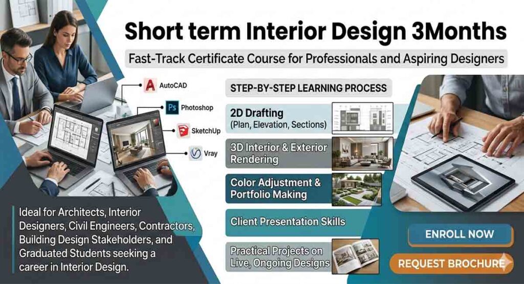 Short term interior design 3months course banner showing students working on AutoCAD and SketchUp laptops with 3D render previews.