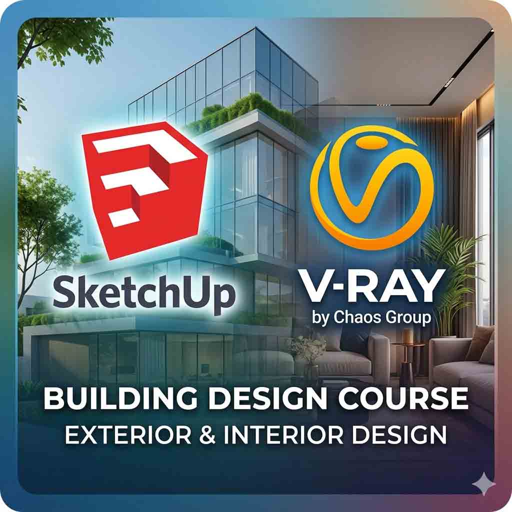 A 3D interior design model created in SketchUp being rendered with V-Ray for realistic lighting and materials.