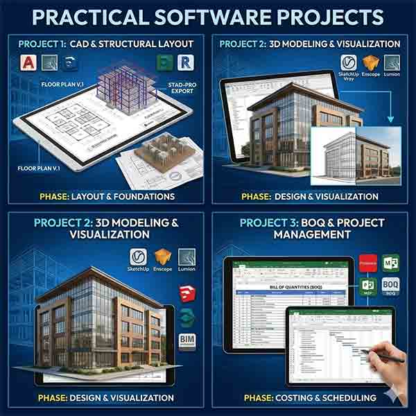 Digital interface showing a Bill of Quantities (BOQ) spreadsheet and a Gantt chart for project scheduling using Primavera and MSP.