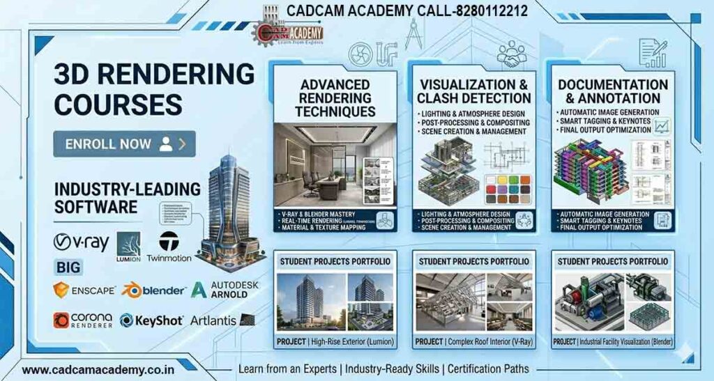 Professional 3D rendering course banner featuring logos for V-Ray, Lumion, Enscape, and Blender, with high-quality architectural visualization samples in a blue and white theme.