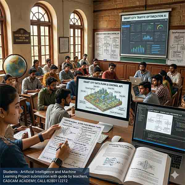 A classroom scene with CADCAM Academy students working on and presenting their Artificial Intelligence and Machine Learning project for Smart City traffic optimization.