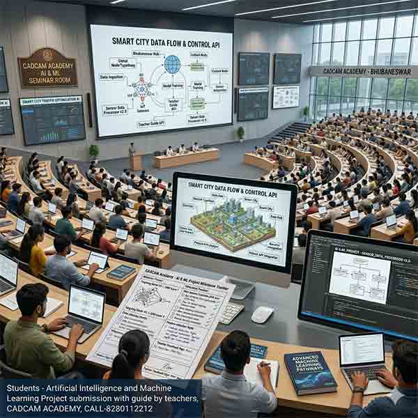 A wide-angle view of a large CADCAM Academy auditorium in Bhubaneswar filled with students during an AI and Machine Learning seminar on Smart City Data Flow & Control API, showcasing diverse data visualizations and teacher-student collaboration.