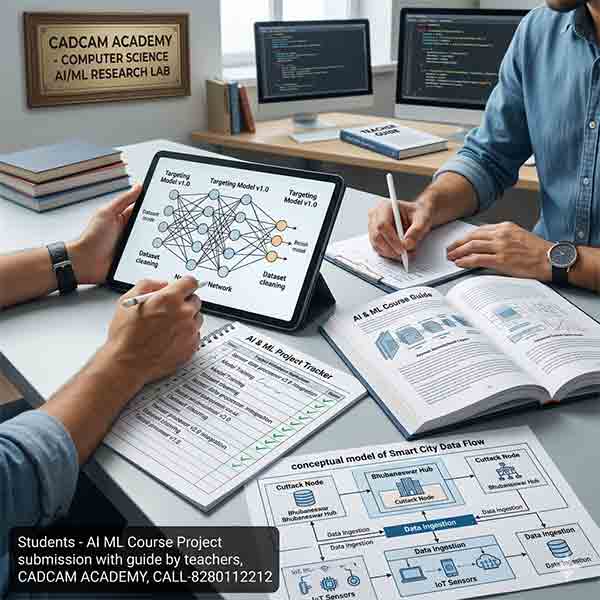 Hands-on view of computer science students at CADCAM Academy Bhubaneswar working on an AI and Machine Learning project submission, with guides on deep learning models and a Smart City Data Flow diagram.