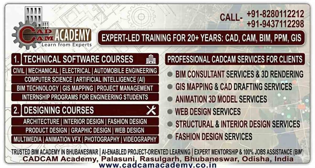 CADCAM Academy banner featuring BIM technology, engineering software courses, and professional CAD CAM services in Bhubaneswar, Odisha.