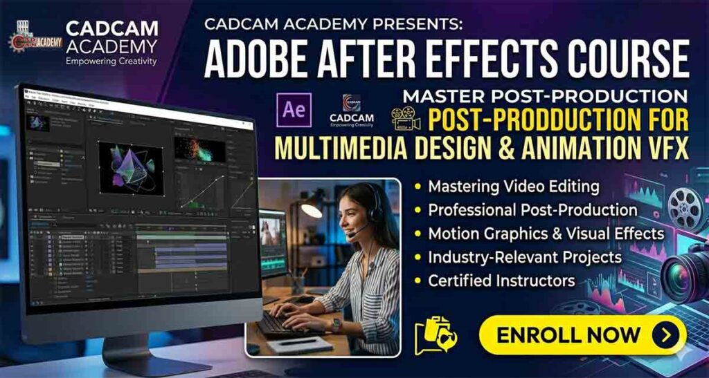Join the Adobe After Effects Course at CADCAM Academy, Bhubaneswar. Learn from experts trainers, work on real projects, get internships and 100% jobs assistance with affordable course fees and industry exposure.