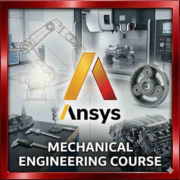 Ansys software logo over an engineering collage featuring a robotic arm, complex turbine gears, an engine block, and precision measurement tools.