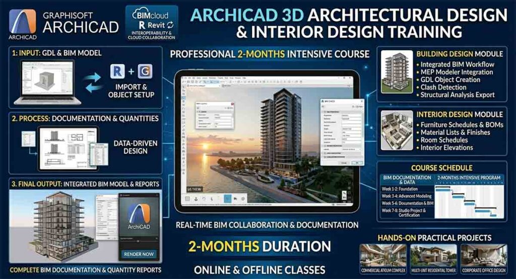 Professional ArchiCAD training institute course infographic showing BIM workflows, 3D building models, and a 2-month course schedule for online and offline classes.