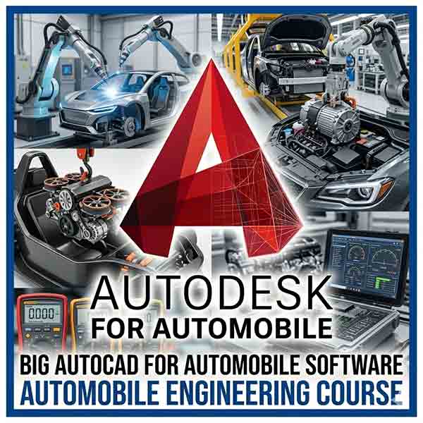 A collage illustration for an Autocad for automobile engineering course featuring the red Autodesk logo, car assembly lines, robotic arms, powertrain components, and diagnostics software.