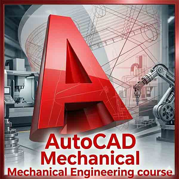 AutoCAD Mechanical software logo prominently displayed over a professional industrial engineering background with robotic arms and CNC machinery.