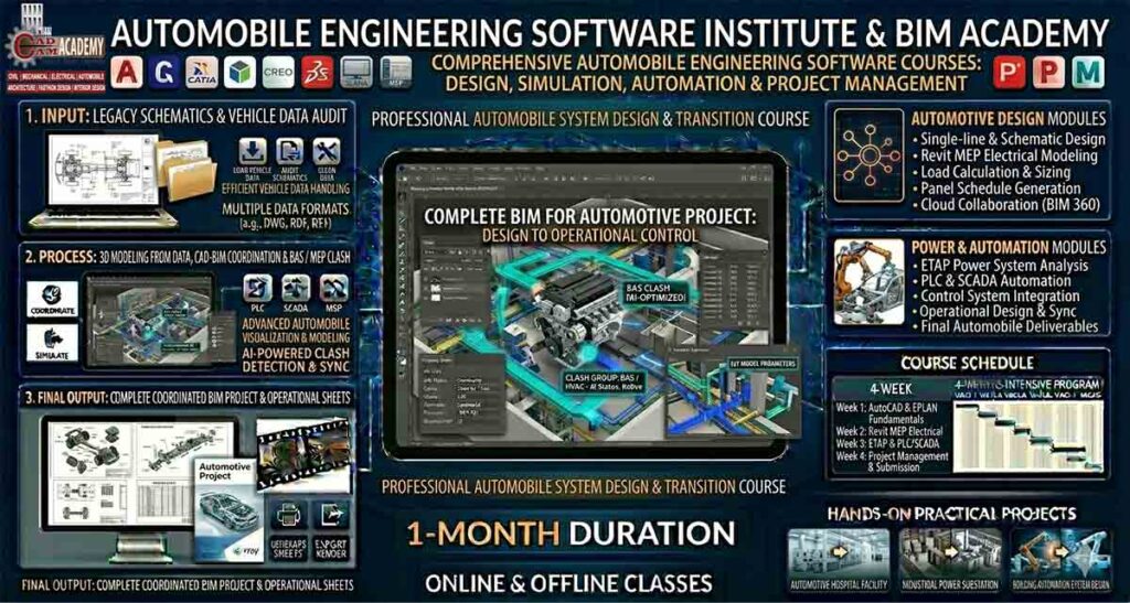 nfographic for automobile engineering courses featuring CATIA, CREO, SolidWorks, AutoCAD, and Project Management software like Primavera and MSP.