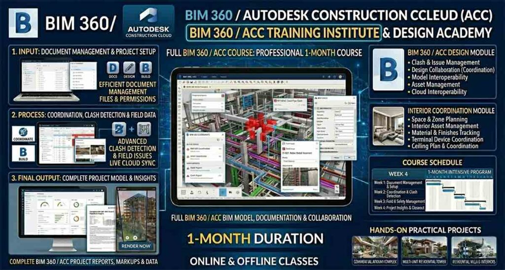 Autodesk BIM360 Training institute infographic featuring cloud collaboration, clash management, and 1-month course details.
