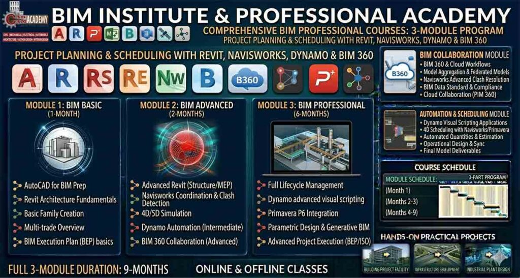 An infographic detailing a three-part BIM training program (Basic, Advanced, Professional) with software icons for Revit, Navisworks, Dynamo, and BIM 360, set against a high-tech dark background.