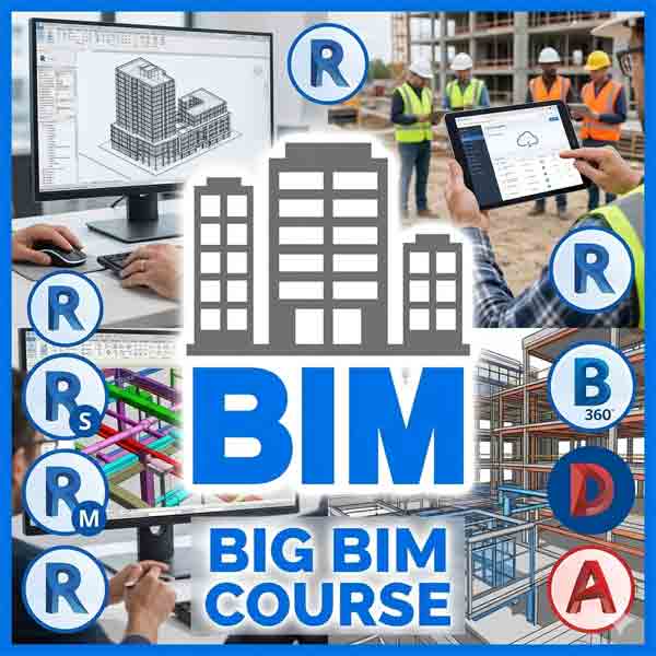 A collage illustrating a comprehensive BIM course, featuring the central 'BIG BIM COURSE' title, a grey building icon, and a background of engineers working with software on computers, tablets, and at construction sites. Several small circular software logos like Revit (R), BIM 360 (B), Dynamo (D), and AutoCAD (A) surround the main text.