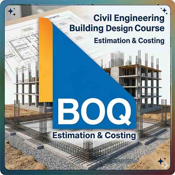 A 400x400 promo image for a BOQ Estimation & Costing course, featuring the blue and orange BOQ logo over a construction site with structural footings and an estimation sheet.