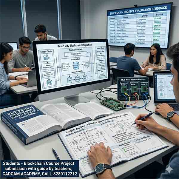 A collaborative CADCAM Academy classroom scene where students work on a blockchain project submission for a smart city integration, referencing textbooks and a multi-node network emulator, under teacher guidance.