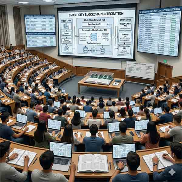 A wide-angle view of a tiered university lecture hall filled with students with laptops, facing large screens presenting "Smart City Blockchain Integration" and "Blockchain Project Evaluation Feedback" at a campus in Bhubaneswar.