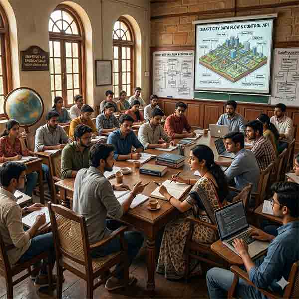 A collaborative classroom scene at the University of Bhubaneswar, featuring Indian students in a seminar room discussing a projected 'Smart City Data Flow & Control API' diagram with UML models and data processing flowcharts on whiteboards.