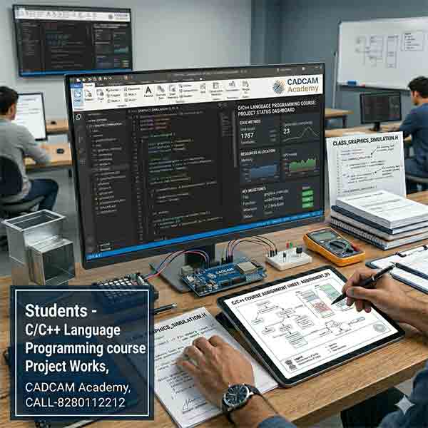 A student at CADCAM Academy working on a C/C++ embedded systems programming project, featuring a microcontroller, hardware simulation, code editor, and a project status dashboard.