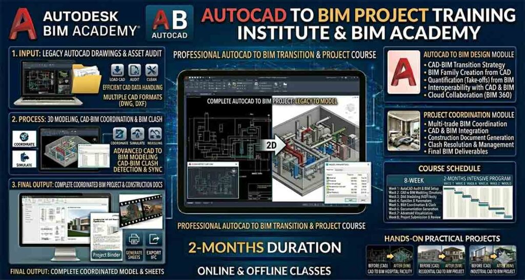 CAD to BIM modeling course training infographic showing 2D CAD to 3D BIM conversion workflows, course modules, and 2-month program details.