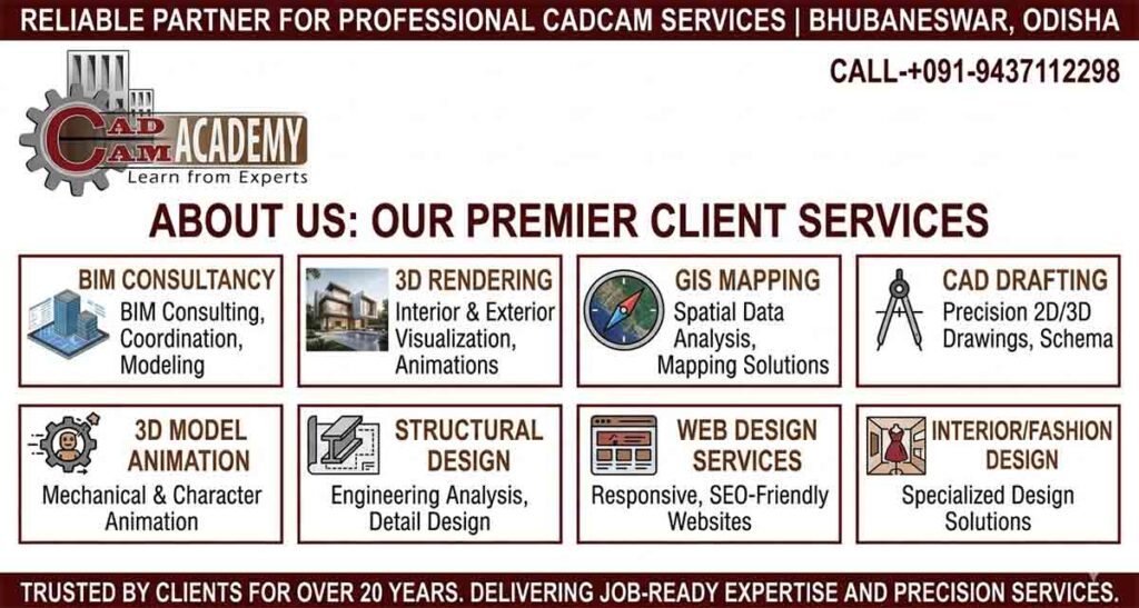 CADCAM Academy professional services including BIM consultancy, 3D rendering, GIS mapping, and structural design in Bhubaneswar, Odisha.