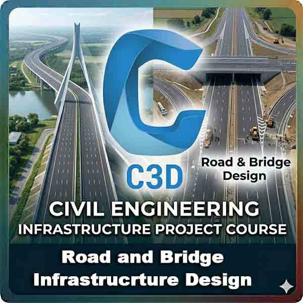 A 400x400 promo image for an Autodesk Civil 3D (C3D) Road & Bridge Design course, featuring a large central logo over visualizations of a modern cable-stayed bridge and a highway.