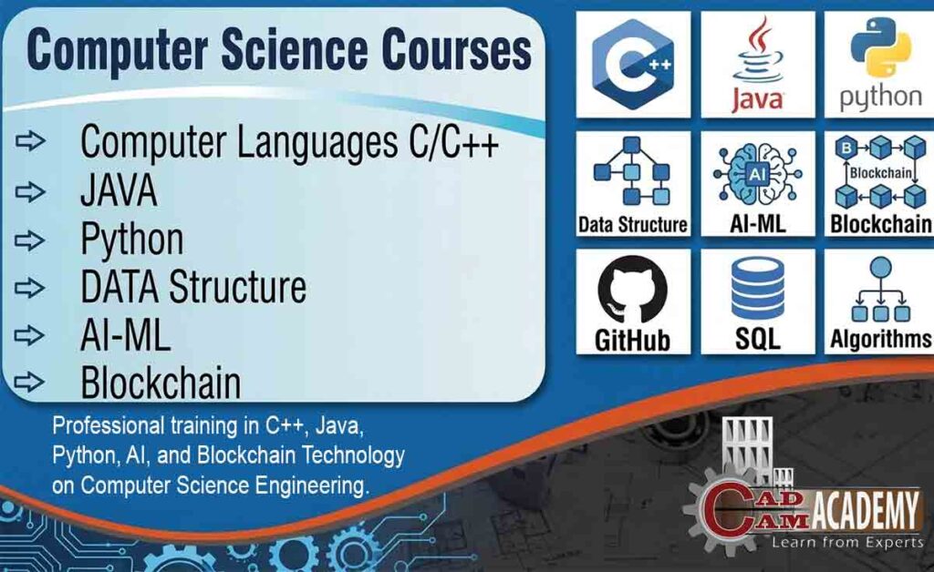 Computer Science Courses banner featuring C++, Java, Python, Data Structures, AI-ML, and Blockchain icons with CAD CAM Academy logo.