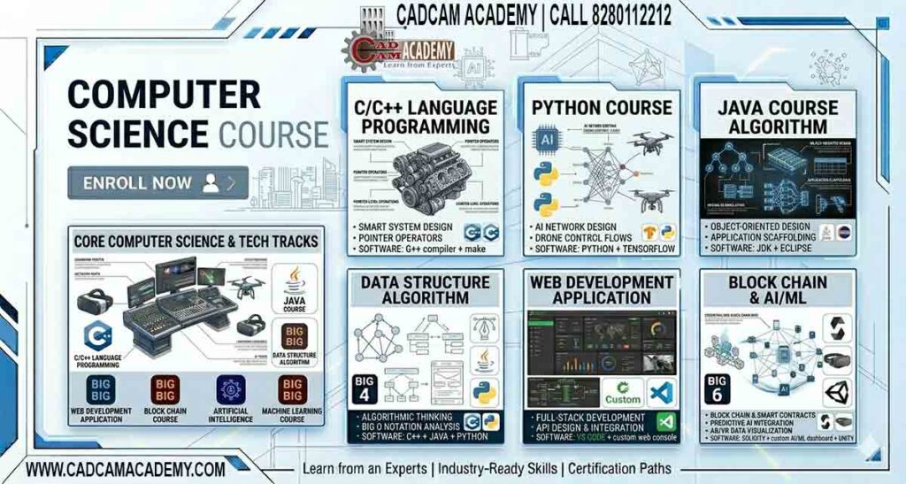 Comprehensive Computer Science course banner featuring modules for C/C++ language programming course, Python Course, Java course , AI ML Course, Data Structure Algorithm Course in Bhubaneswar, AI networks, Java Algorithms, Web App Development Course, Blockchain Course, and Machine Learning with a modern tech interface.