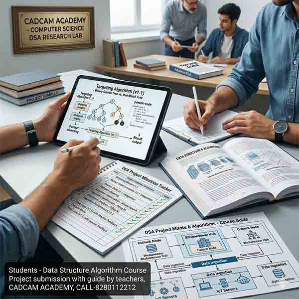 Hands-on classroom scene at CADCAM Academy in Bhubaneswar, showcasing Computer Science students working on a Data Structure & Algorithm (DSA) project. One student uses a tablet displaying a targeting algorithm flowchart and pseudo-code, referencing a 'DSA Project Milestone Tracker' with checkmarks and local context like Bhubaneswar and Cuttack data hubs, under teacher guidance.