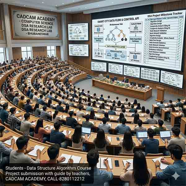 A wide-angle view of a large CADCAM Academy auditorium in Bhubaneswar filled with students during a Data Structure Algorithm (DSA) project presentation on Smart City Data Flow and API control.
