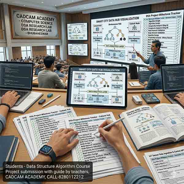 A wide-angle view of a computer science classroom at CADCAM Academy in Bhubaneswar, showcasing students submitting Data Structure & Algorithm course projects with complex Smart City data visualization and teacher guidance.