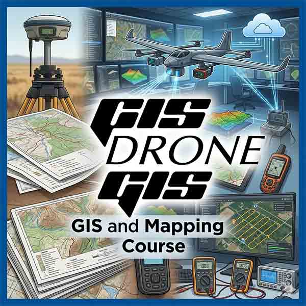 A collage for a drone GIS mapping course featuring a large "GIS DRONE" logo over scenes of a surveying drone in flight, topographical maps, a GPS base station, and GIS data on computer monitors.