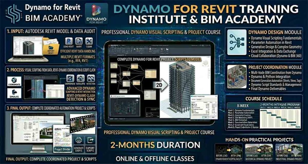 Dynamo for Revit training Institute infographic showing visual scripting nodes, automated geometry generation, and 2-month course details.